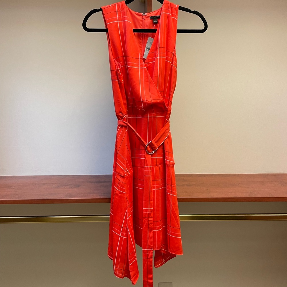NWT Ann Taylor bright orange plaid satin wrap dress with belt